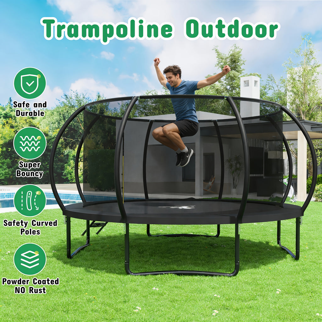 Polar Aurora Outdoor Trampoline, 10FT 12FT 14FT 16FT Recreational Trampoline for Adults, Trampoline with Safety Enclosure Net, Wide Ladder And Anti-Rust Coated Frame