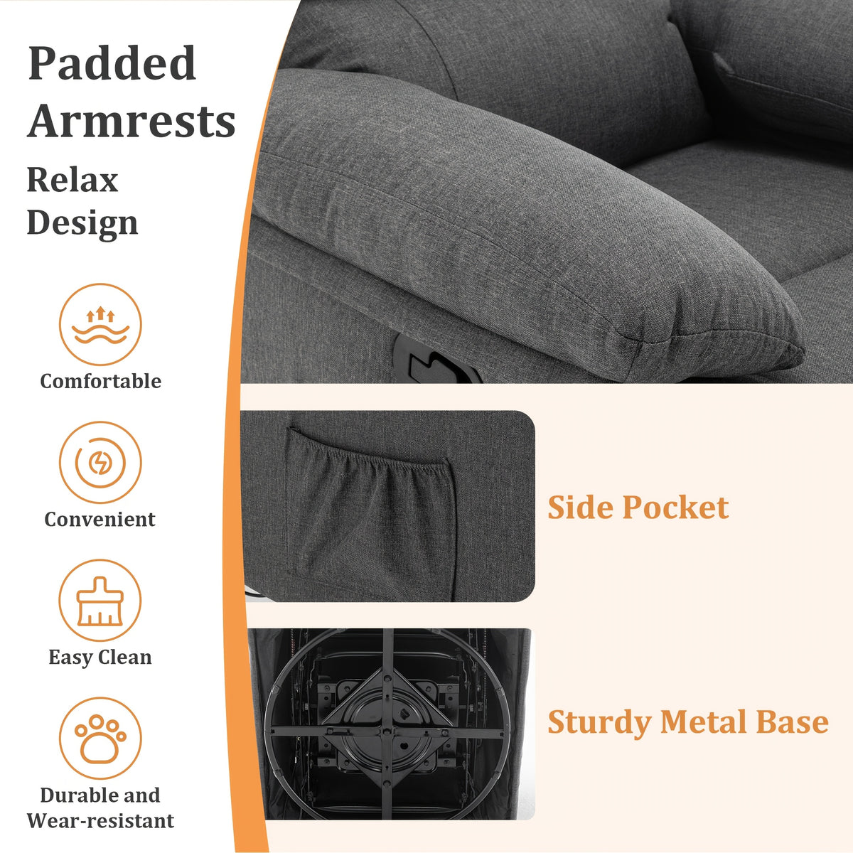 Recliner Chair, 360-Degree Swivel Rocking Chair for Adults, Small Space Rocking Recliner, Upholstered Fabric Recliner with Side Pockets for Living Room, Mother'S Day Gifts, Father'S Day Gifts, Gifts for The Elderly
