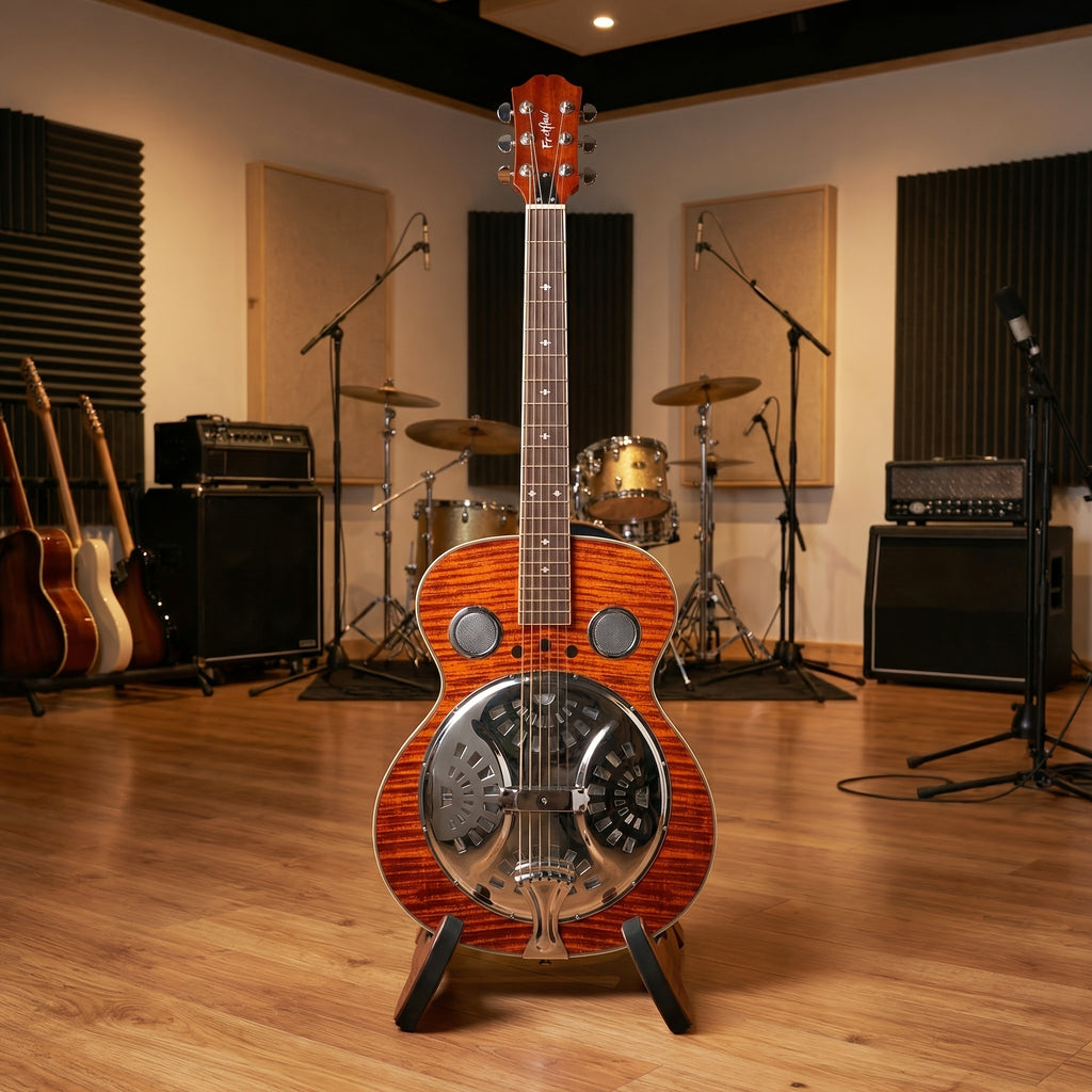 Acoustic Resonator Guitar Full Size 40 Inch Steel String, Beginner Acoustic Guitar Kit With Strap Capo Picks Wrench, Country Bluegrass Folk Blues Slide Fingerpicking Right Handed, Spruce Top Amber Orange Holiday Birthday Gift Musical Instrument
