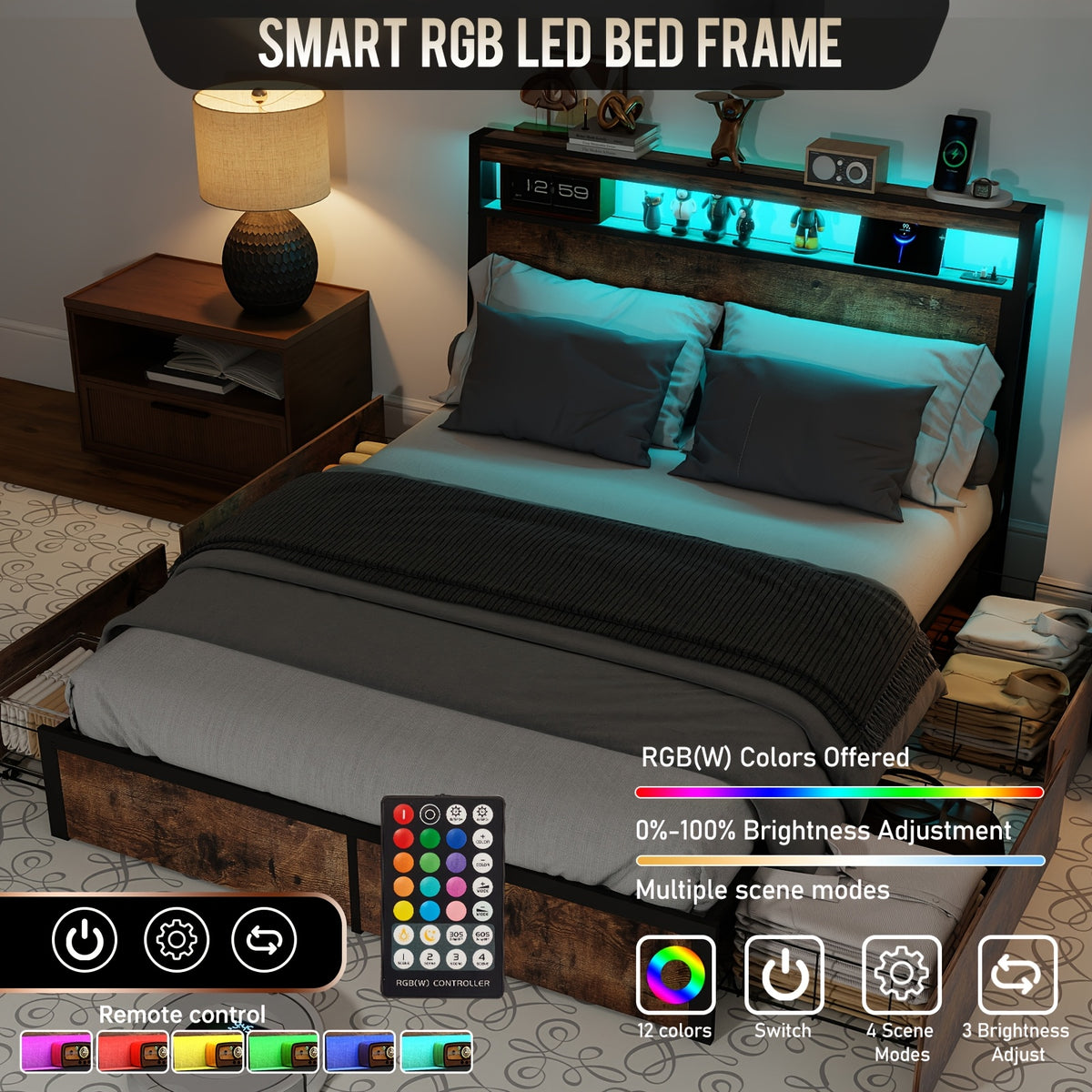 Full/Queen/King Size Bed Frame with 4 Storage Drawers, Metal Platform Bed with LED Lights & Charging Station, 2-Tier Wood Headboard, 800 LBS Capacity, Noise-Free, No Box Spring Needed, Vintage Brown Finish