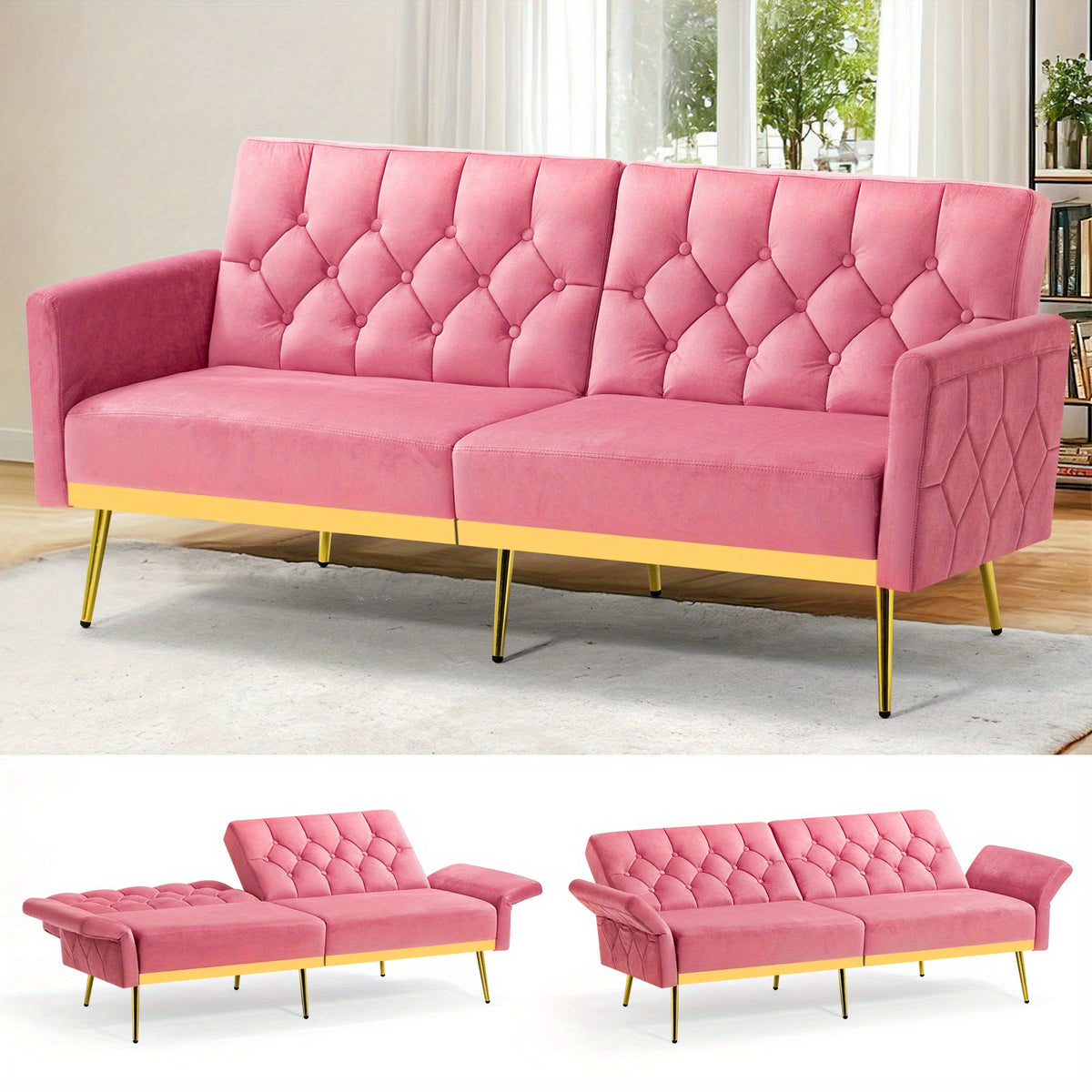 ACMEASE Velvet Sofa Bed Featuring Adjustable Armrests And Backrests, a Contemporary Recliner Sleeper Couch with a Tufted Design, a Convertible Loveseat Sofa with Golden Legs Suitable for The Living Room, Bedroom, Or Studio