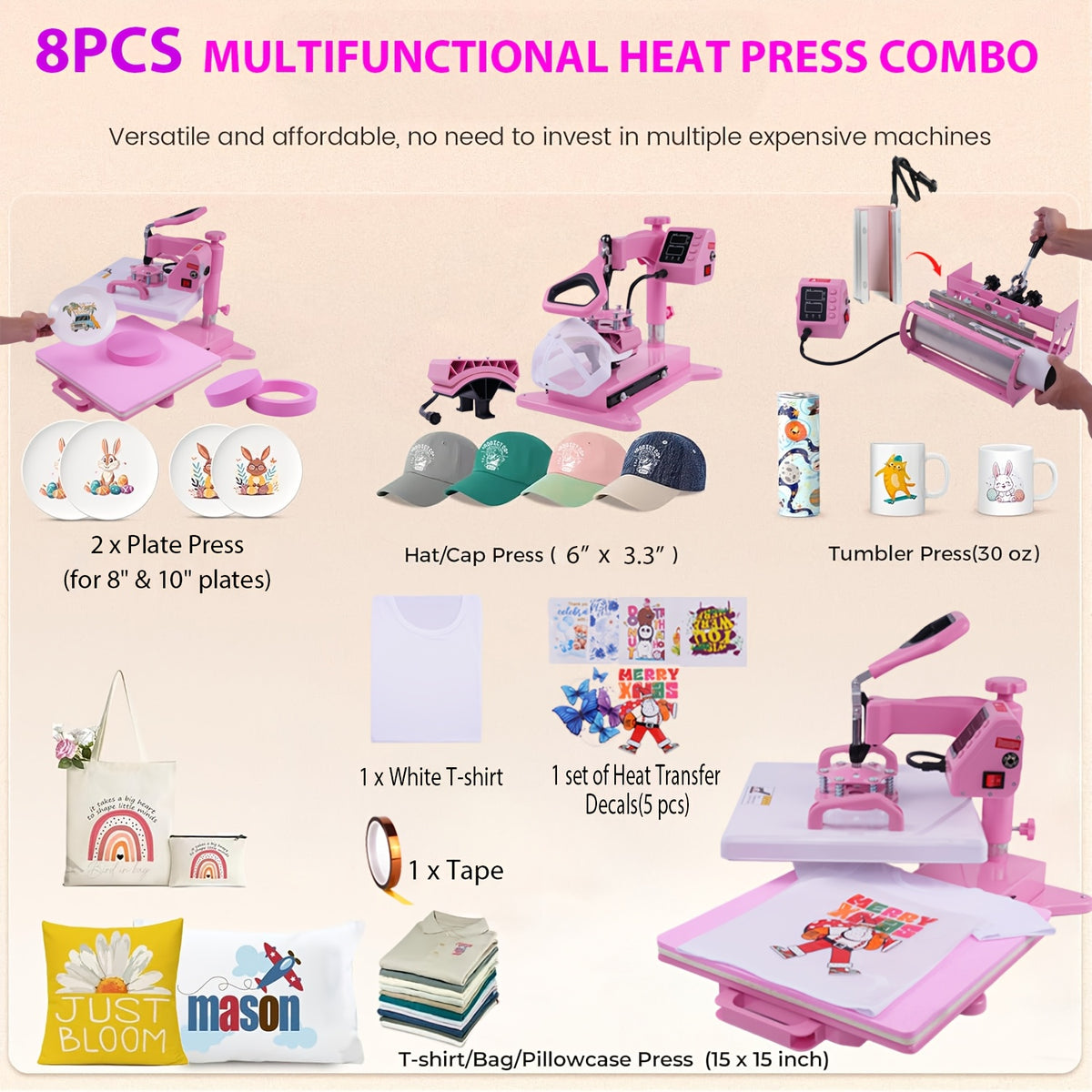 HOMDOX 15"x15" - 11pcs(8 In 1) / 8pcs(5 In 1) Heat Press Set With 30OZ Tumbler Press, Slide Out 360° Swing Away For T-Shirt/Cloth Bags/Tumbler/Mug/Hat/Plate - 15"x15" Slide Out T-shirt Heat Press Machine Can Only Press T-Shirt/Pillows/Cloth Bags