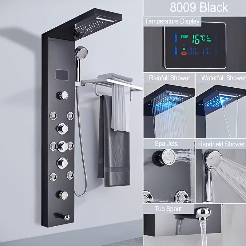 [Shower Panel Tower System] Shower Panel Tower System, Stainless Steel 6-Function Faucet LED Rainfall Waterfall Shower Head Handheld Sprayer Rain Massage Body Jets Tub Spout, Brushed Nickel, Shower System, Bathroom Decor And Accessories