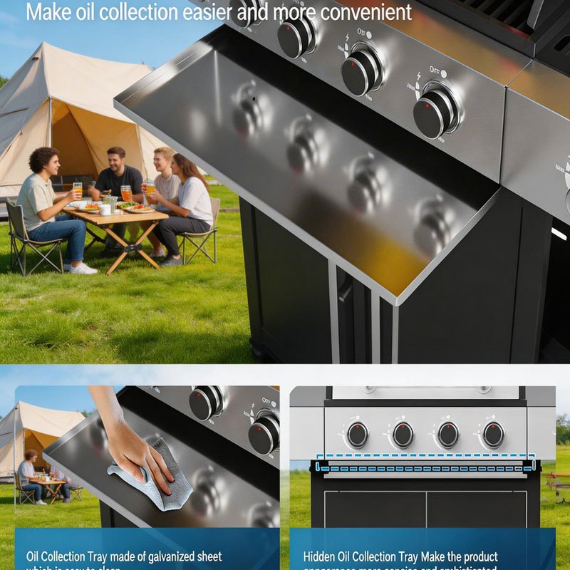 Upgraded 44000-49000 BTU 4-1 Burner Propane Gas Grill with Side Burner, Top thermometer, Outdoor BBQ Grill with Cast Iron Grates & Side Tables, 625 sq.in. Large Grilling Space for Summer Parties, Ideal for Backyard Patio & Camping, Black