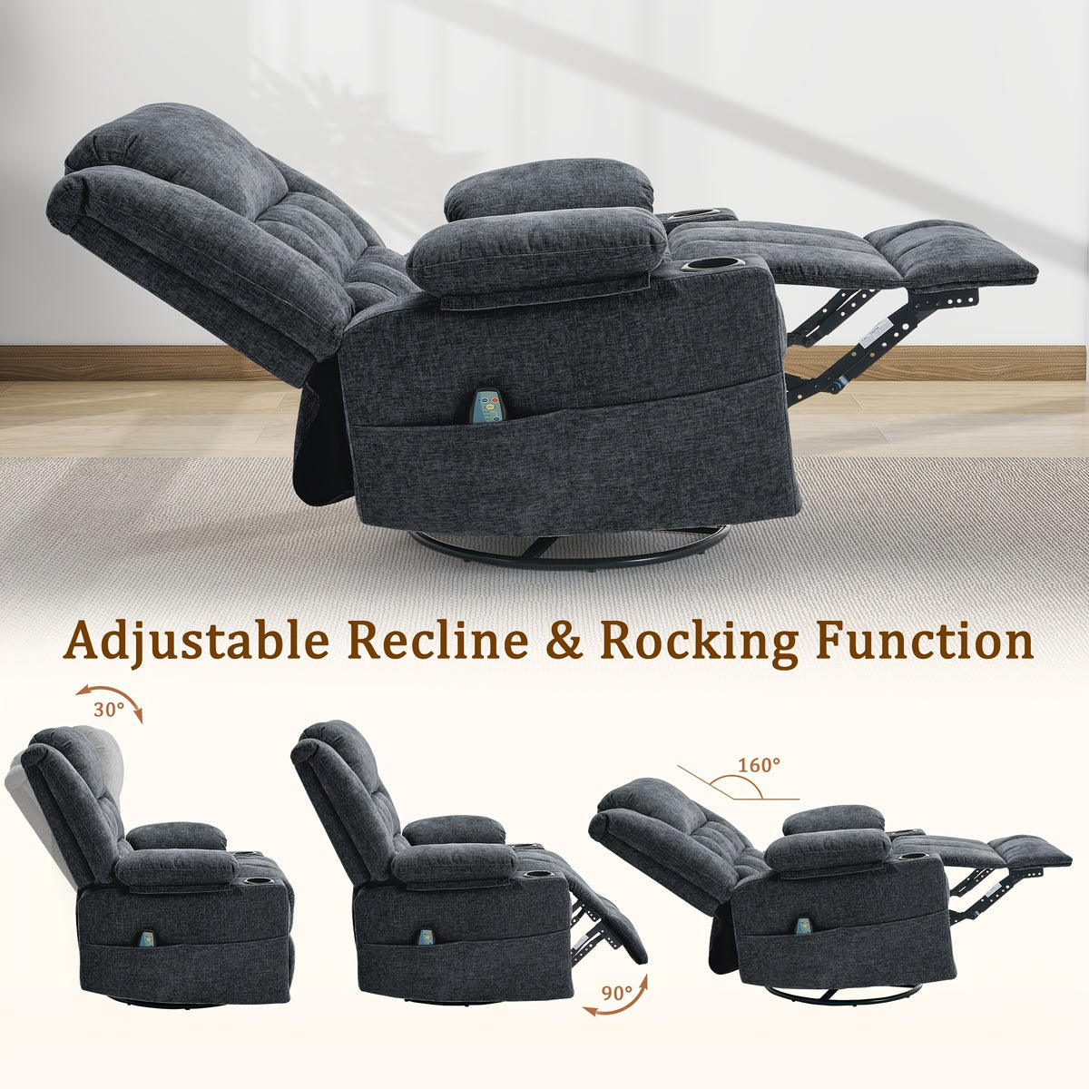 Swivel Recliner Chair for Adults with Massage and Heat — A 360° Rocking Seat for Living Rooms and Bedrooms