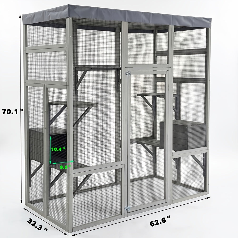 [Outdoor Catio Enclosure] 62.6 Inch Large Wooden Outdoor Catio Enclosure for Cats | Secure Pet Cage with Roof & Rust-Proof Wire Mesh | Includes 2 Napping Houses & Multi-Level Platforms for Backyard & Patio