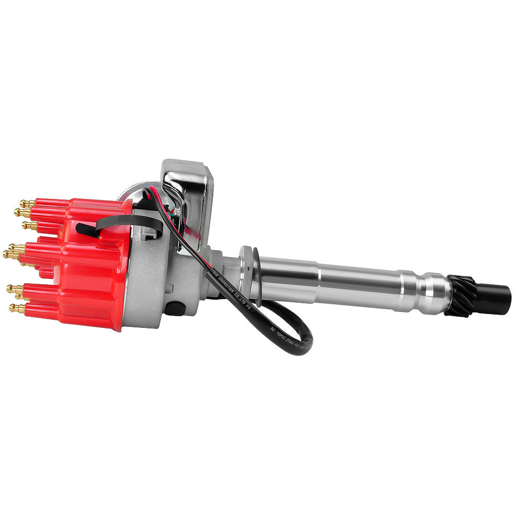HEI Distributor Small Cap For Chevy 327 And 350 with Red Coil And 8.5Mm Wires Positioned Beneath The Exhaust