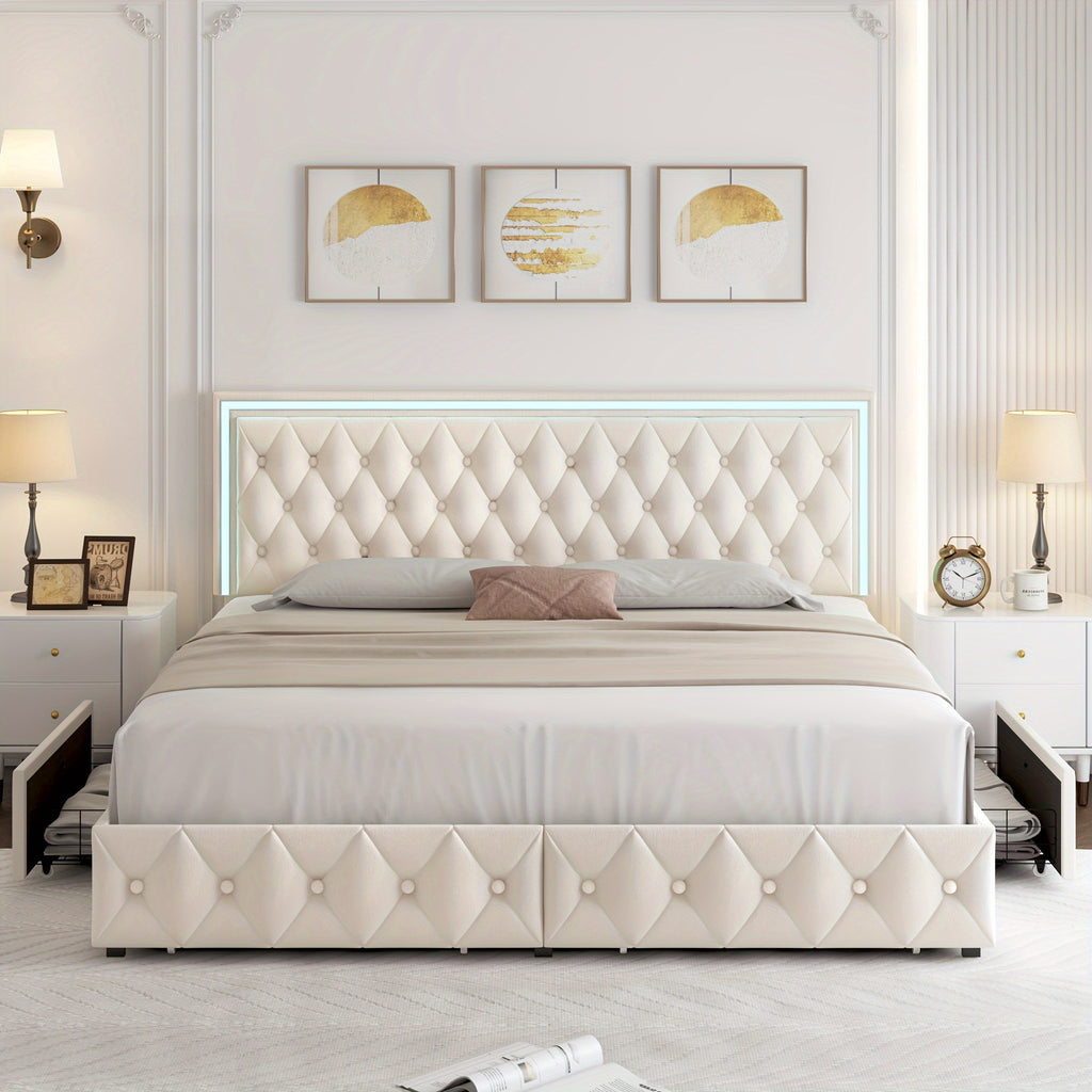 Full/Queen/King Size Modern Bed Frame with LED Headboard & 4 Storage Drawers - Upholstered Platform Bed, Button Tufted Headboard Suitable for Beige/White/Black - Assembly, No Box Spring Needed, Wood-Free