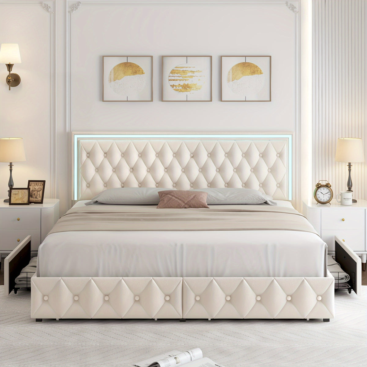 Full/Queen/King Size Modern Bed Frame with LED Headboard & 4 Storage Drawers - Upholstered Platform Bed, Button Tufted Headboard Suitable for Beige/White/Black - Assembly, No Box Spring Needed, Wood-Free