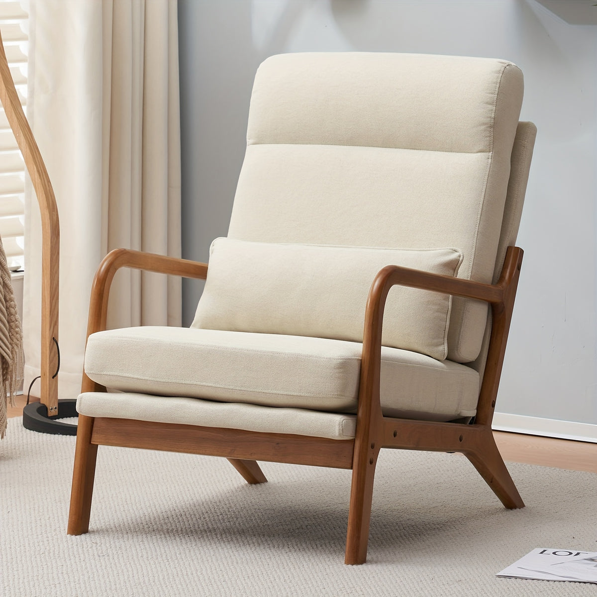 High Back Mid Century Modern Accent Chair, Soild Wood Padding Lounge Armchairs Side Sitting Chairs For Living Room, Bedroom
