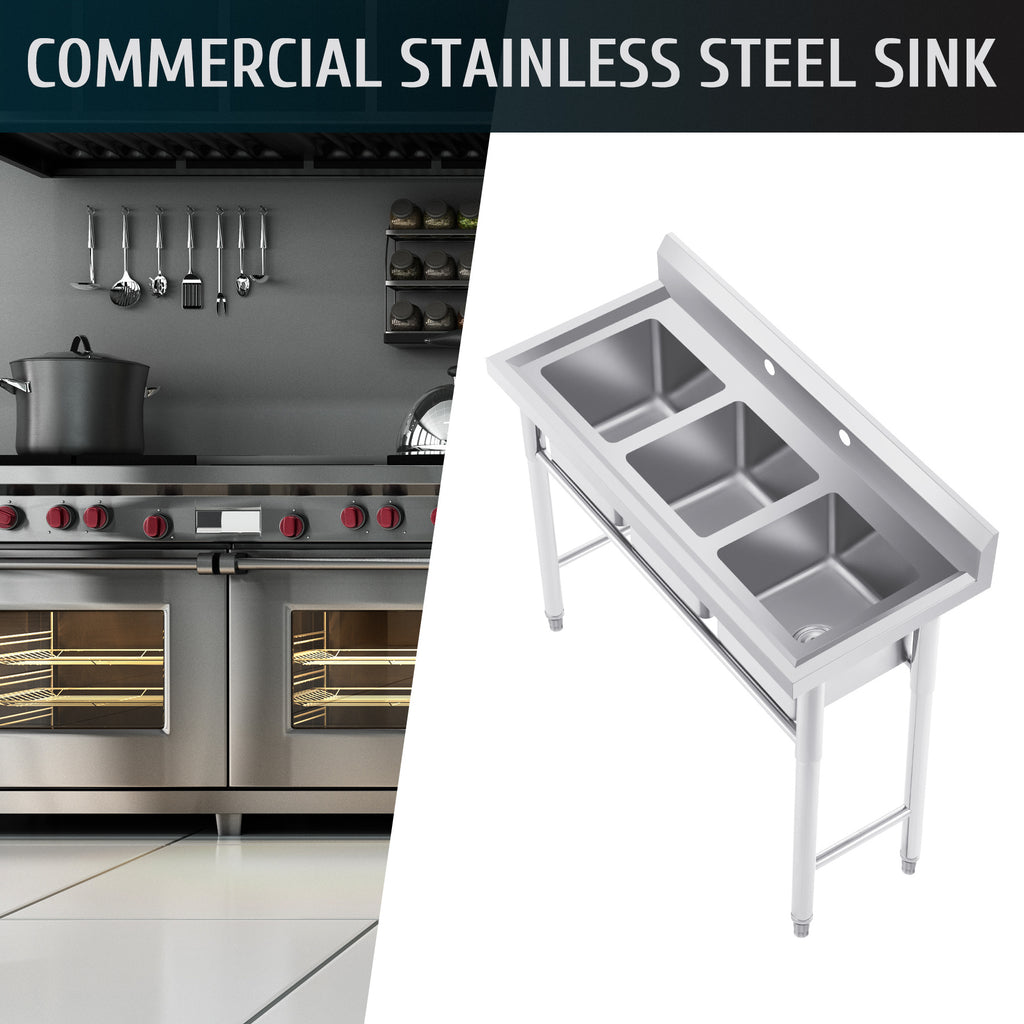 Commercial Stainless Steel Sink with Strainer 39" W × 17.7" D × 37.4" H, Kitchen Sink Station Utility Sink for Home Laundry Room Garage, 3 Compartment Sink for Bar Restaurant