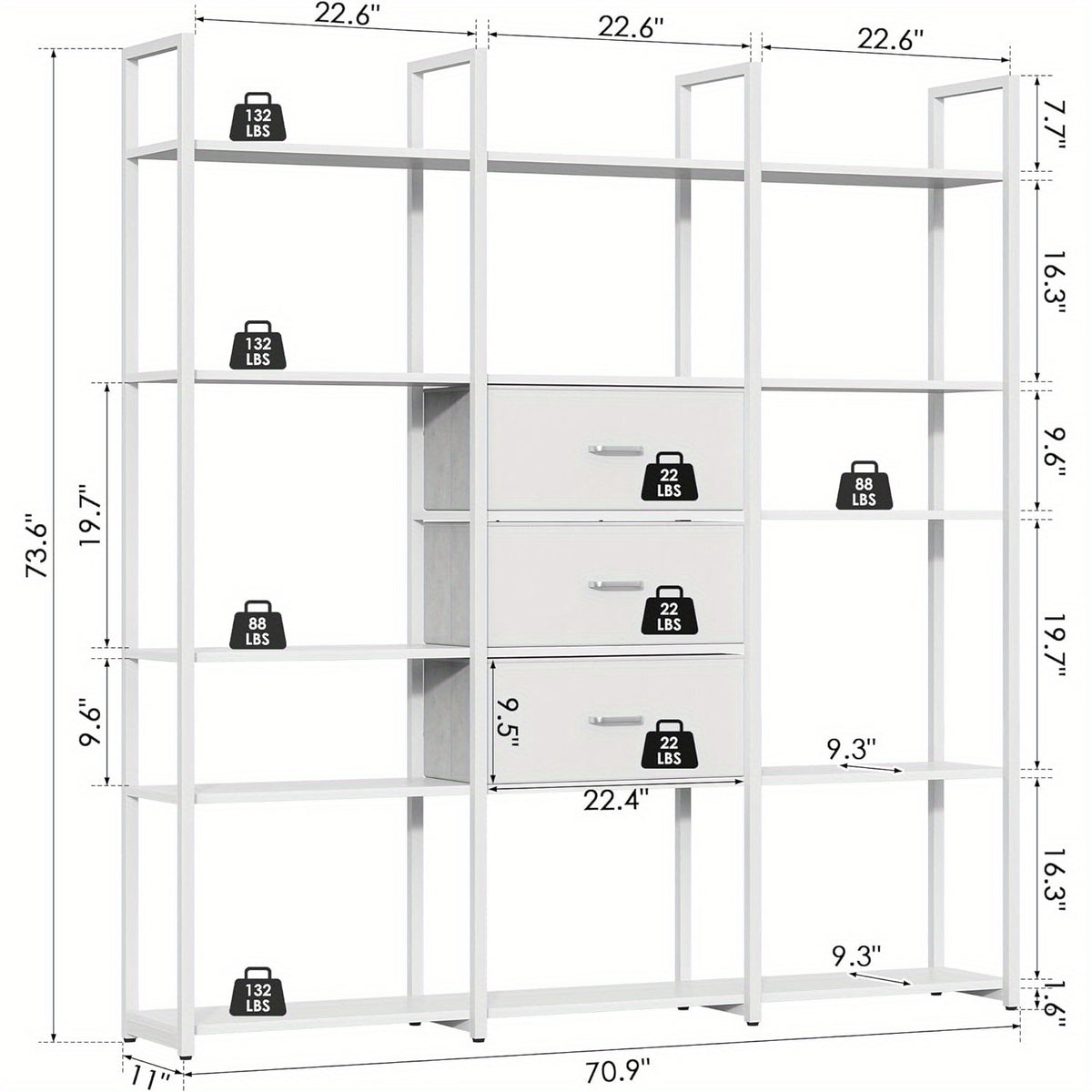 A 73.6-Inch Tall Bookshelf Featuring Three Drawers And Sixteen Storage Shelves, This Industrial Bookcase Includes Sixteen Open Display Shelves, Making It a Spacious Etagere Bookshelf, Perfect for Home And Office Use, in White