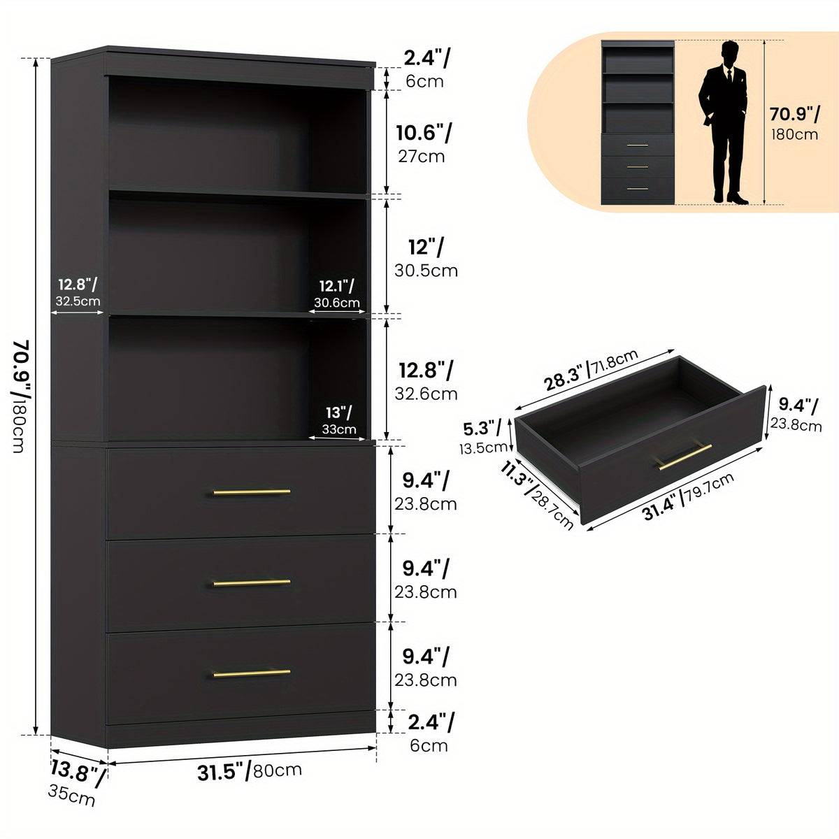 71" Black 3-Tier Bookshelf with Drawers & Open Shelves - Freestanding Tall Storage Cabinet for Home Office, Living Room, Study - Easy Assembly, No Power Needed, Bookcase Furniture, Modern Aesthetic, Sturdy Construction, Minimalist Design, Durable Material