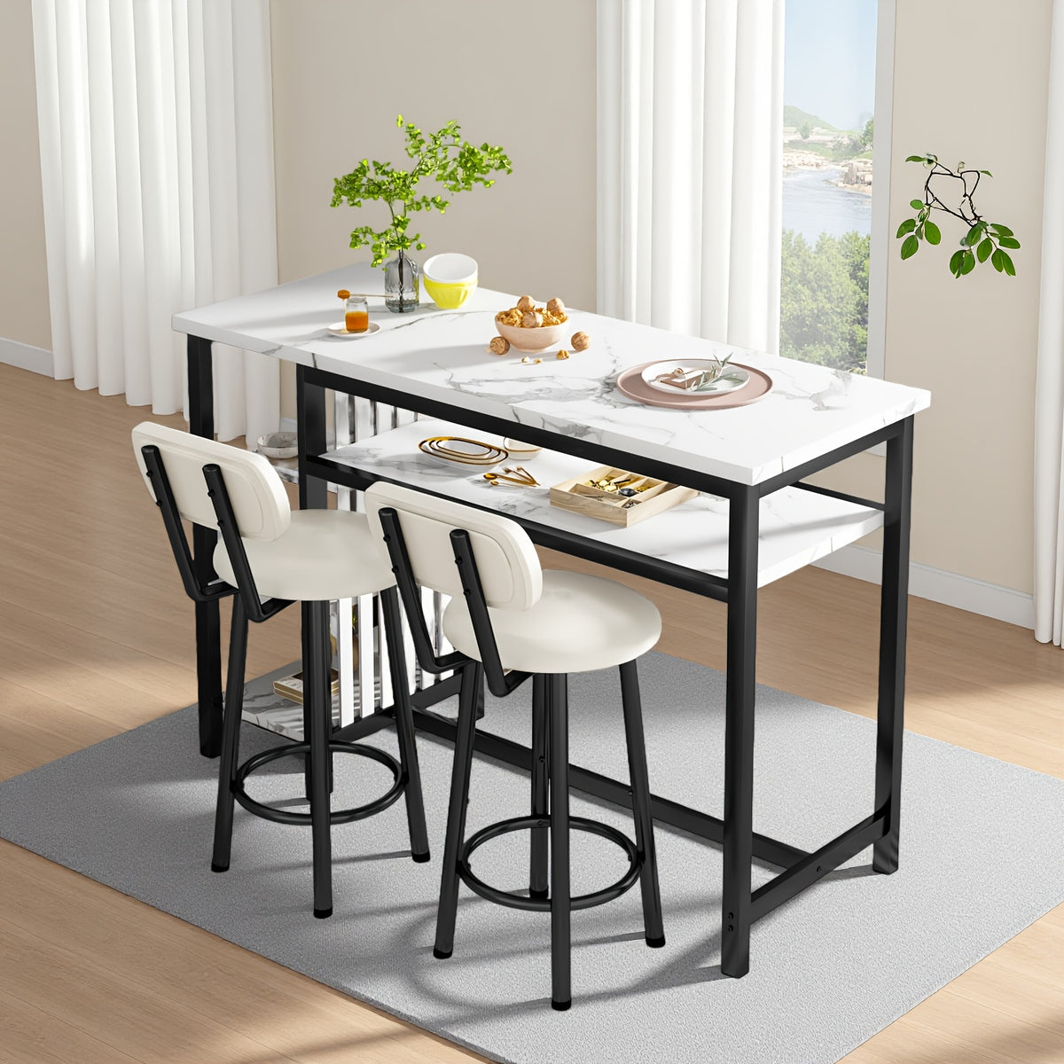 Bar Table with Stools Set Of 2, Kitchen Island with Seating Bar Table Set with Storage, Counter Height Small Dining Table And Chairs Set Of 2, Faux Marble Kitchen Table And Chairs Set with 2 PU Leather Upholstered Seat for Small Space, Dining Room