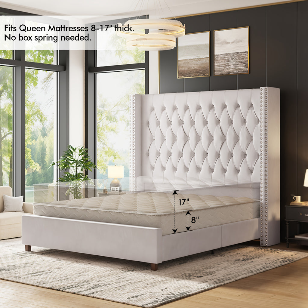 LUXOAK 60 Inch Tall Velvet Bed Frame With Tufted Wingback Headboard, Solid Wood Legs And Slat Support, No Box Spring Needed