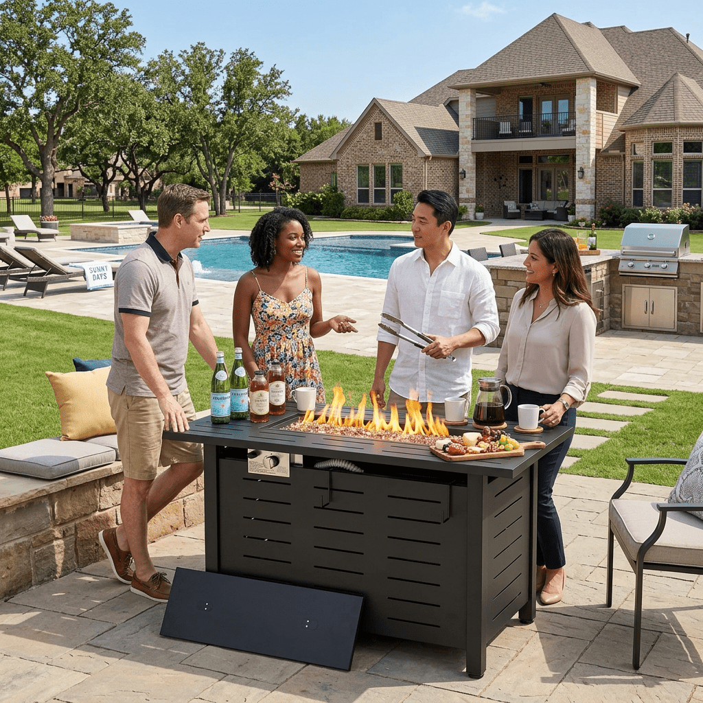 40 inch Propane Fire Pit Table Outdoor - 50,000 BTU Gas Fire Table with Lid & Rocks, Waterproof Cover Metal Clearance Firepit for Patio, Backyard, Deck (Rectangular Steel, 40"/44", Black/Brown)