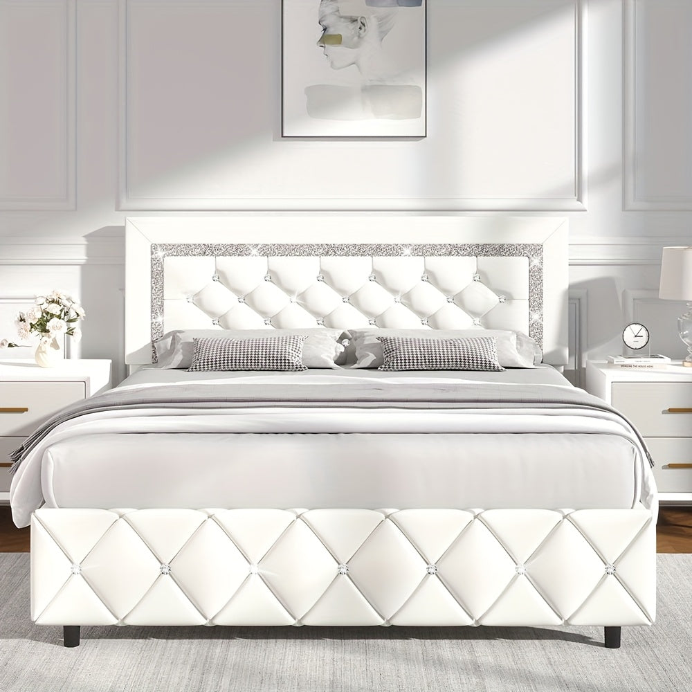 Halloween Twin Full Queen King Upholstered Bed Frame, Diamond Tufted Headboard, Faux Leather Bed Frame With Headboard & Footboard, Wooden Slats Support, No Box Spring Needed, Easy Assembly, Black/White/Pink/Green Christmas