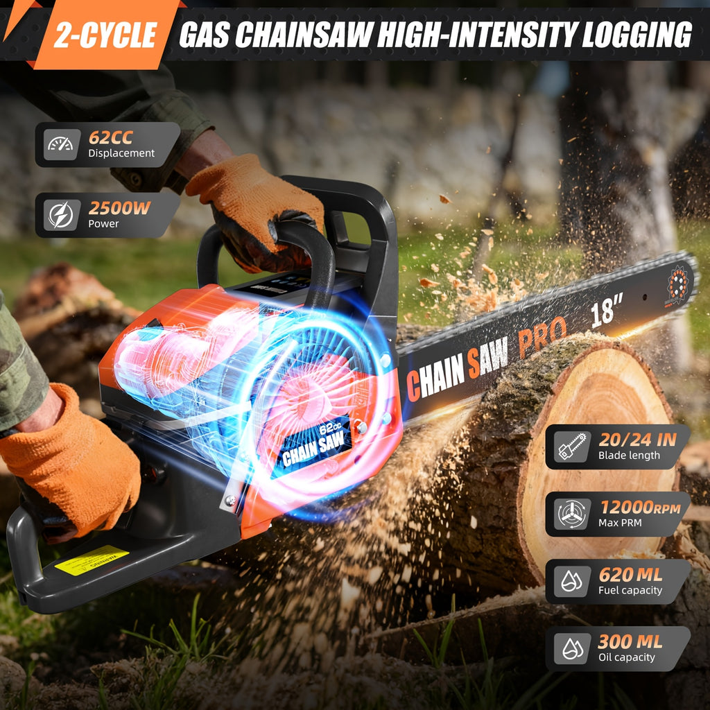 62CC Professional Chainsaw with 20 Inch, 22 Inch, 18 Inch, And 24 Inch Options, Featuring a 2-Stroke Engine, Ergonomic Non-Slip Handle, And Dual Fuel Tanks, Ideal for Cutting Wood, Trimming Trees, And Clearing Land