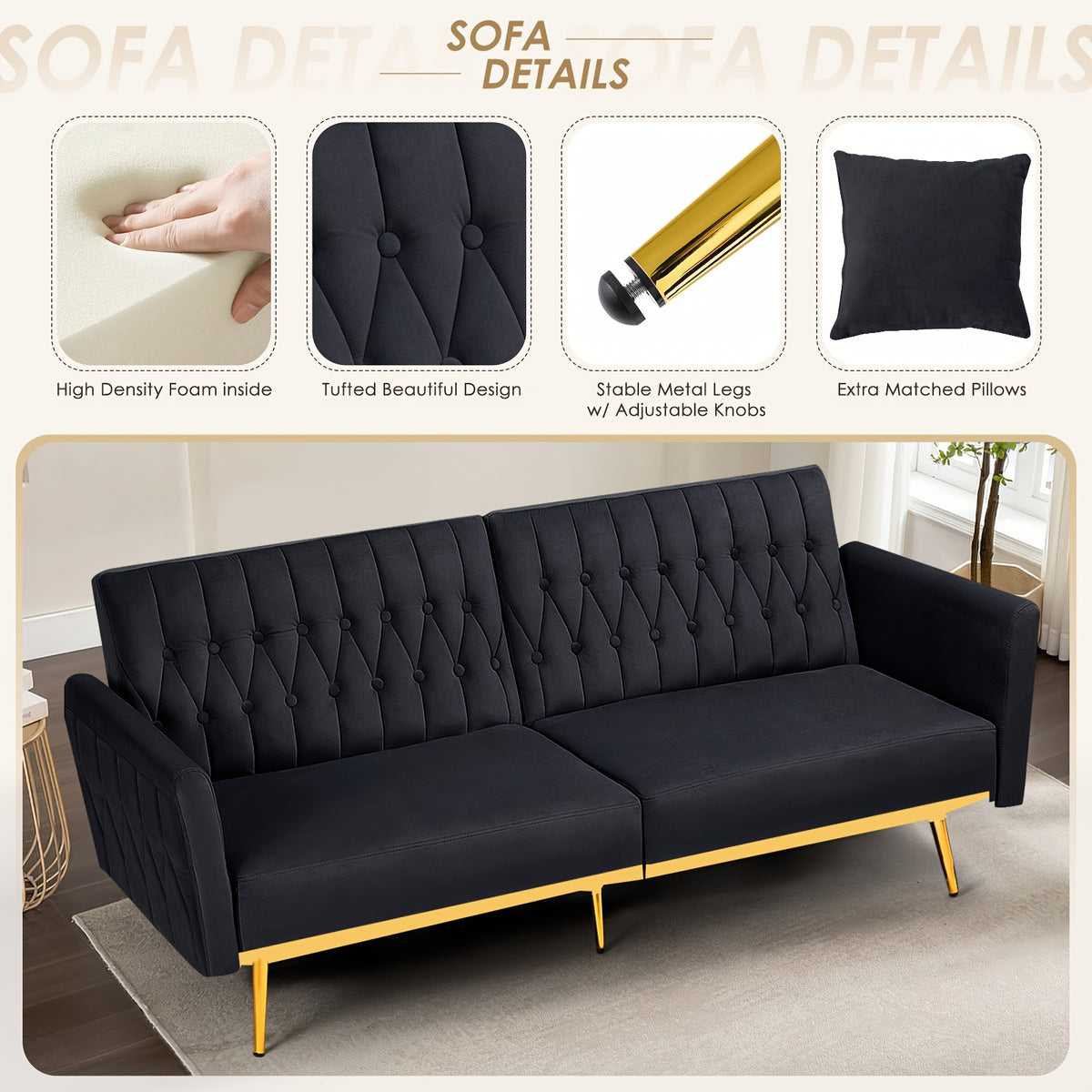 ACMEASE 70-Inch Velvet Convertible Sofa Bed with 2 Pillows, Adjustable Backrest And Armrest Tufted Sleeper Sofa with Golden Metal Legs for Living Room