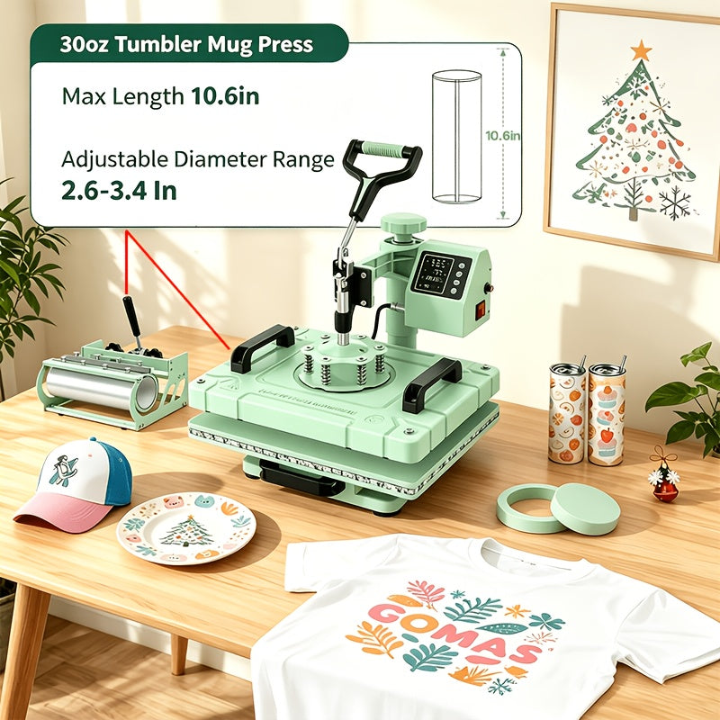 Perfect Christmas Gift, 5/8 in 1 Heat Press Machine 12X15/15X15 Inch Sublimation Heat Press 360° Swing Away Heat Transfer Digital T-Shirt Pressing with 30OZ 20OZ Tumbler Press, Multifunctional Combo for Hat Cap Plate