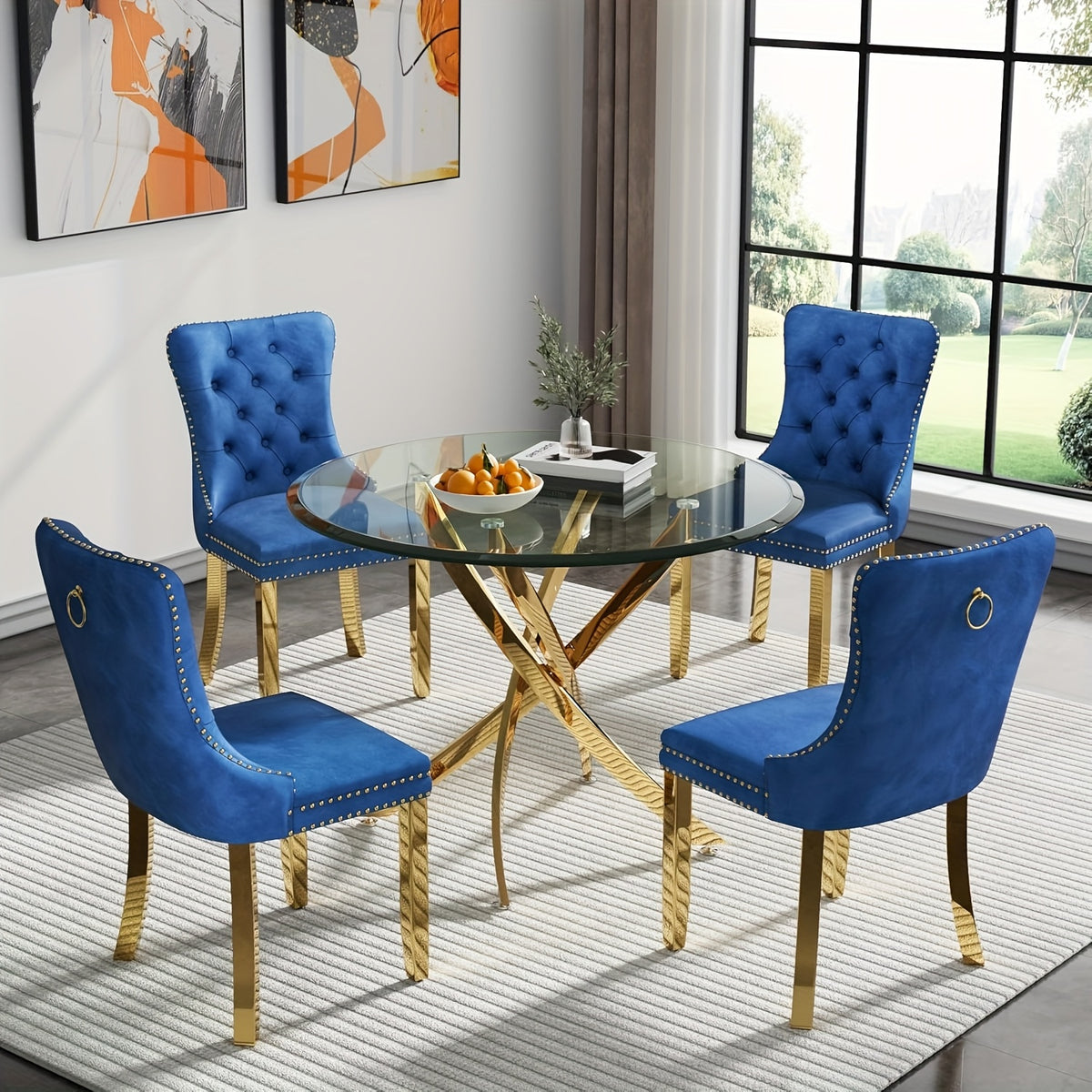 5/3/1pc Round Dining Table Set, Modern Tempered Glass Dining Table With Velvet Dining Chairs, 36" Kitchen Table With Stainless Steel Base For Living Room, Dining Room, Kitchen, Office, Lounge