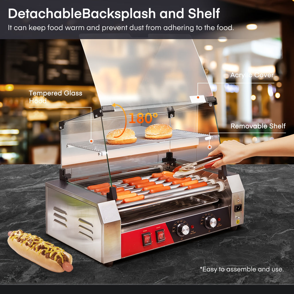 7 Rollers Hot Dog Roller, 19-24 Hot Dogs Capacity, Stainless Steel Hot Dog Machine with Bun Warmer Shelf, Dual Temp Control, Glass Cover, Removable Tray for Commercial And Party (1050W)
