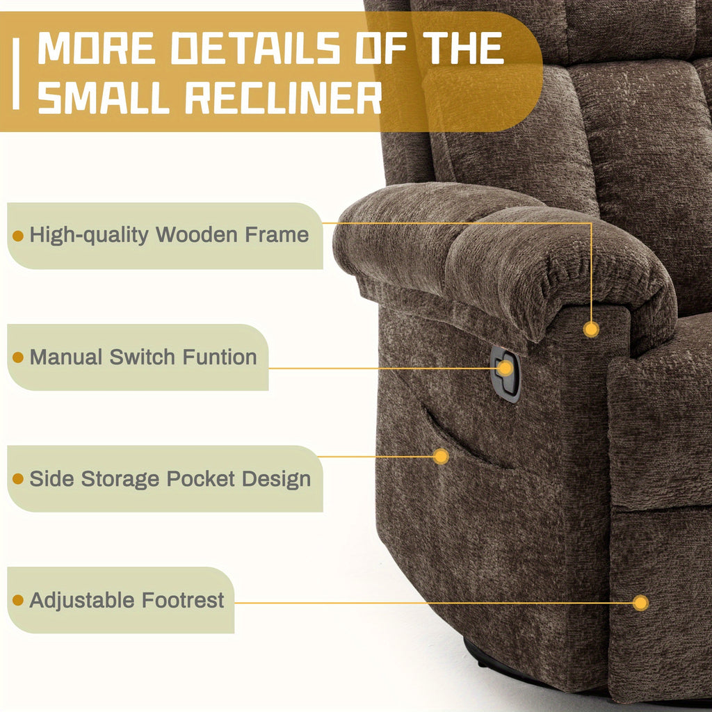 A Solitary Chair for The Living Area, a Reclining Chair That Swivels, a Rocking Recliner for Grown-Ups, Compact Recliners Suitable for Limited Spaces, a Manual Upholstered Recliner Featuring Side Pockets