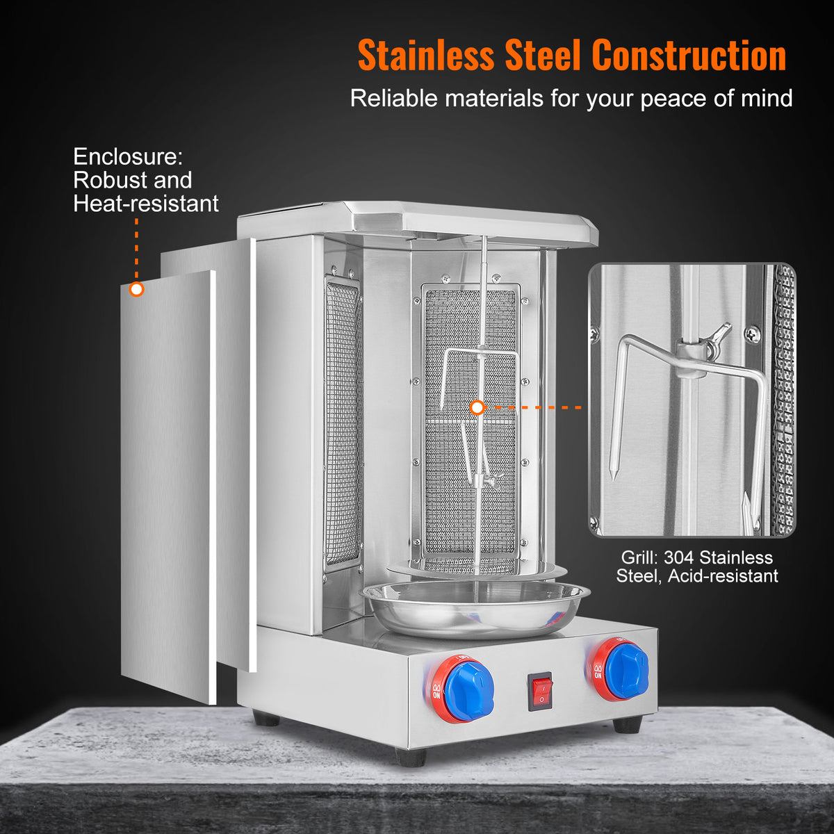 VEVOR Stainless Steel Shawarma Grill Machine Vertical Gyro Rotisserie Doner, Electric/Electric heating type/Gas (propane)