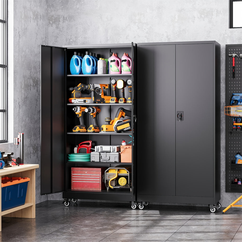 75-Inch Garage Storage Unit: Features 2 Doors, Wheels, 4 Adjustable Shelves, And a Lock. Ideal for Workshops, Homes, Or Offices. Sturdy And Easy to Move