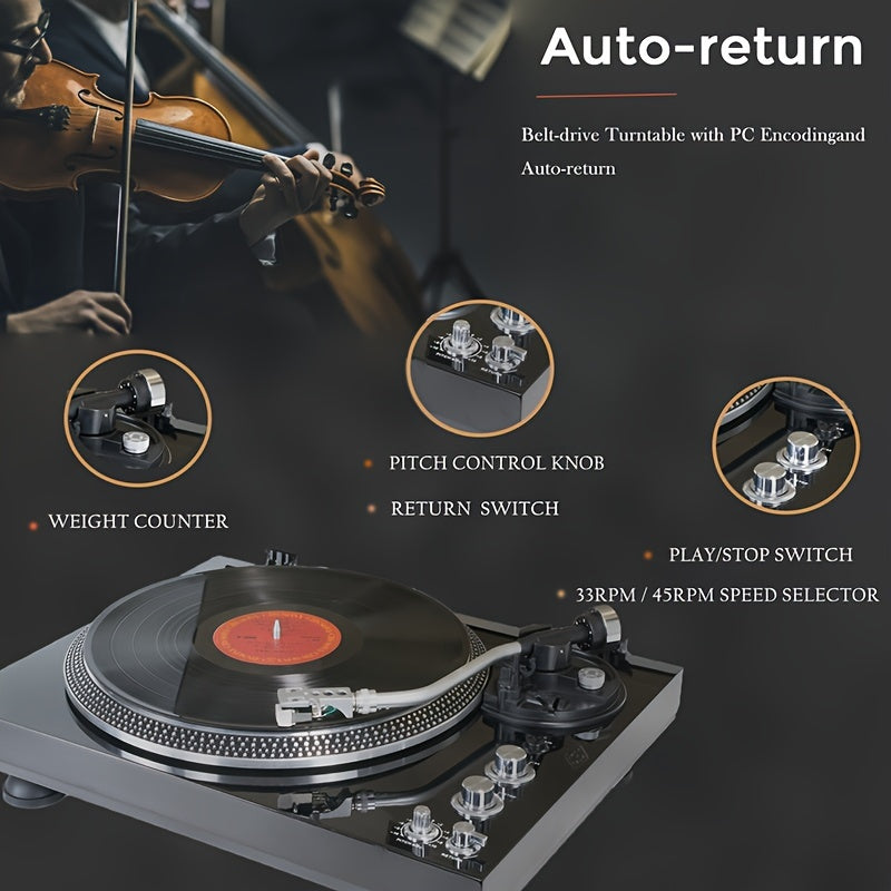 Record Player Vintage Turntable For Vinyl Records, Belt-Driven Turntable, Pre Ampufier, 33 Or 45 RPM, RCA Line Lp Vinyl Players For Sound, Aluminium Platter Piano High Gloss Black.A High-quality Valentine Gift, The Best Musical Feast For Family And