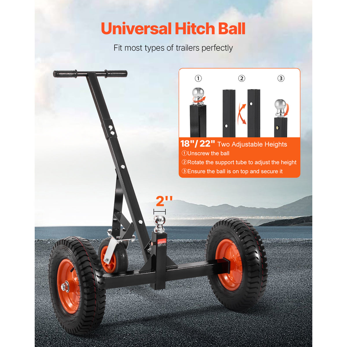 VEVOR 1200lbs Trailer Dolly 18 and 22 in Adjustable Height 2 in Ball 15.2 in Tires