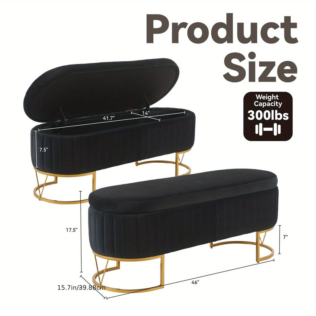 Modern 46”/46.5” (depending on orientation) Oval Velvet Storage Bench with Hinged-Lid Mechanism & Flip-Top Lid - Plush Upholstered Ottoman for End of Bed, Entryway, Living Room - Wood Frame & Luxury Design, Space-Saving Furniture (Standalone)