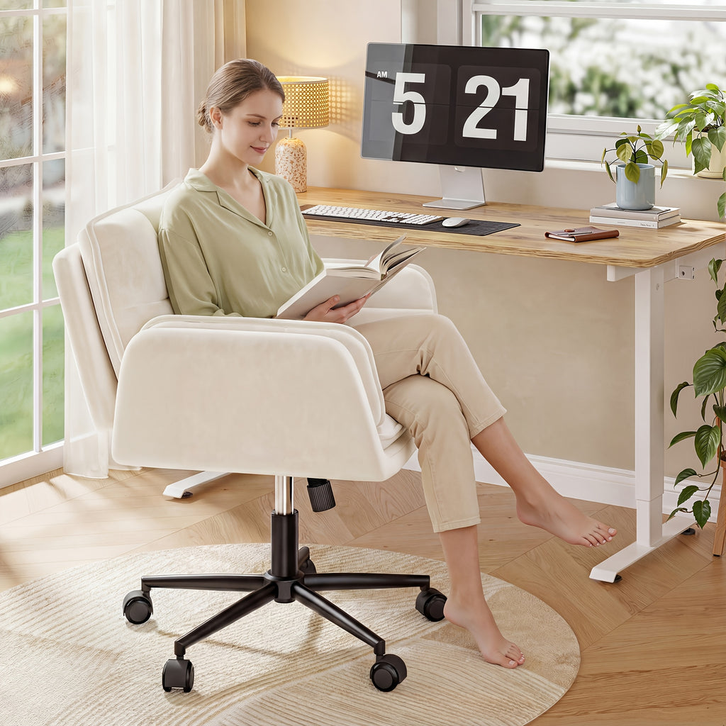 Modern Office Crossover Wheelchair, Luxurious Plush Vanity Chair with Wheels, Adjustable Armrests, Ergonomic Office Chair Suitable for Bedrooms, Computer Makeup Rooms, And Offices, Available in White, Black, Pink, And Gray, Stable And Durable