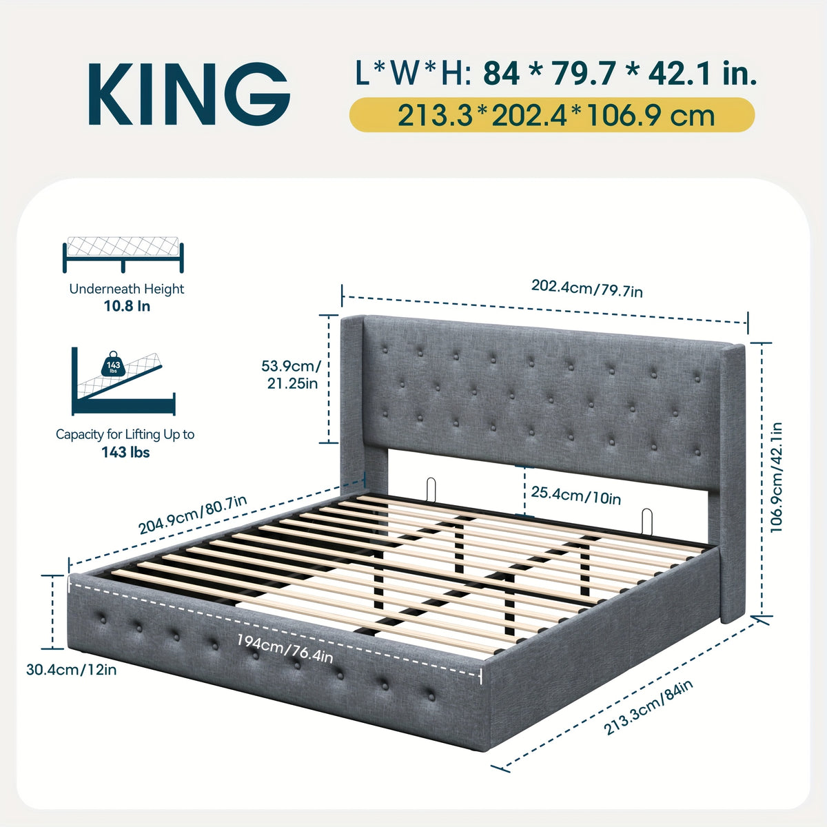 WEEWAY Lift Up Storage Bed, Modern Wingback Upholstered Headboard, Hydraulic Platform Bed, Wooden Slats Support, Heavy Duty Mattress Foundation, No Box Spring Needed, Easy Assembly, Full/Queen/King Size, for House Bedroom Furniture, Free Shipping