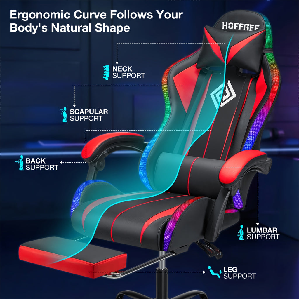 RGB Gaming Chair with LED Lights And Massage Ergonomic Computer Chair High Back Video Game Chair with Footrest And Adjustable Lumbar Support Linkage Armrest