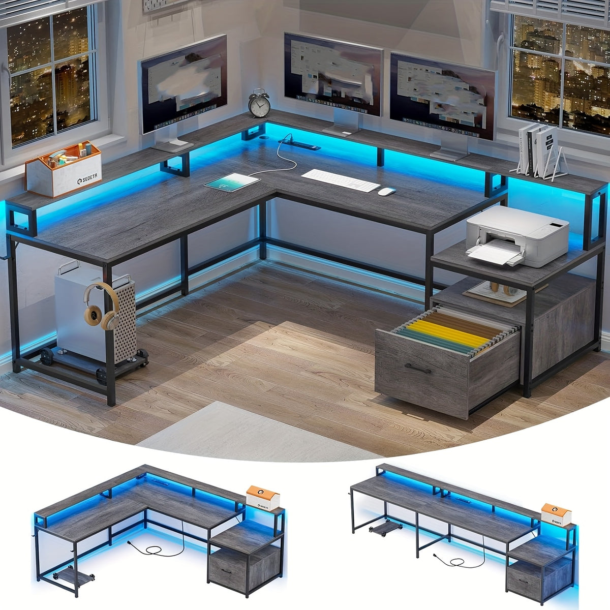 L Shaped Desk for Home Office, Reversible Corner Computer Desk with File Drawer, Led Lights and Monitor Shelf, Two Person Desk