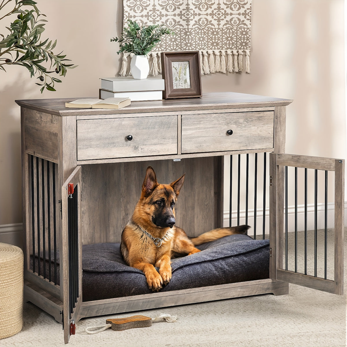 44 Inch Large Dog Crate Furniture, Wooden Dog Kennel End Table With Storage Drawers, Decorative Pet Crates Dog House Indoor For Dogs