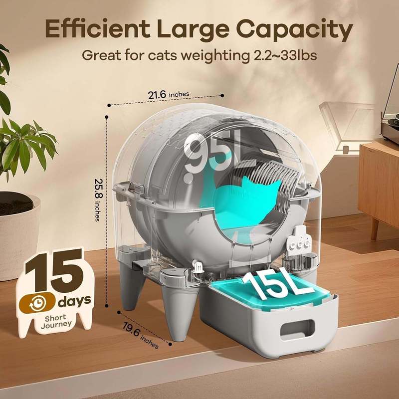 Self Cleaning Litter Box, Large Capacity Automatic Cat Litter Box Self Cleaning for Cats, App Control, Safety Protection, 2 Roll Garbage Bags, White & Grey