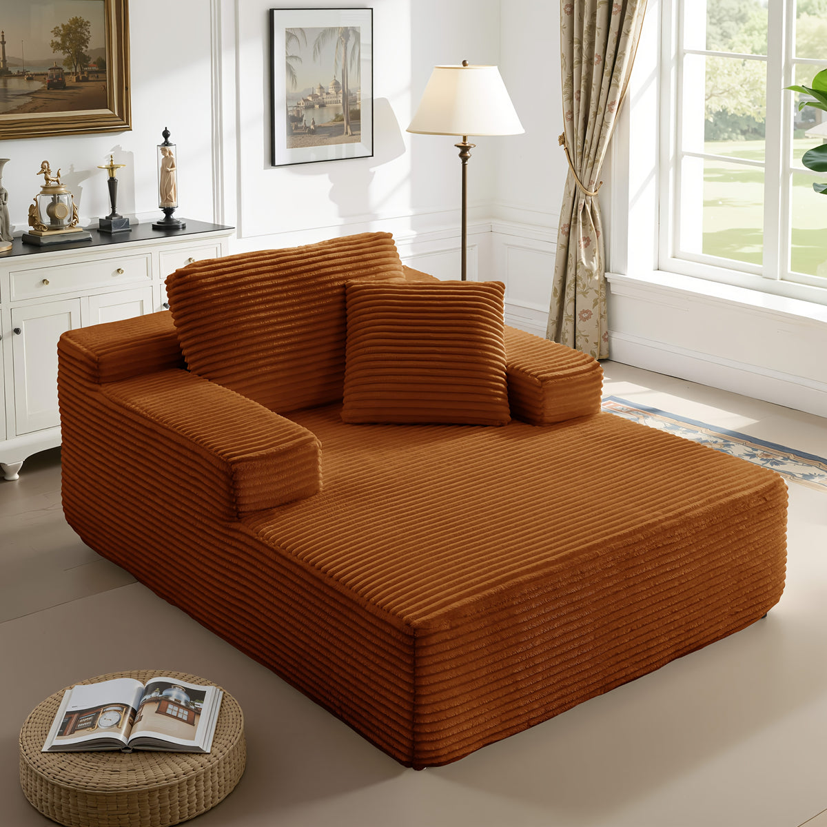 51-Inch Oversized Boneless Lounge Chaise Recliner - Corduroy Sofa with Pillows And Armrests | Deep-Seat with High-Density Foam Cushion | Living Room/Apartment/Bedroom U-Shaped Folding Sofa Bed | No Assembly Required | Beige/Black/Green/Orange