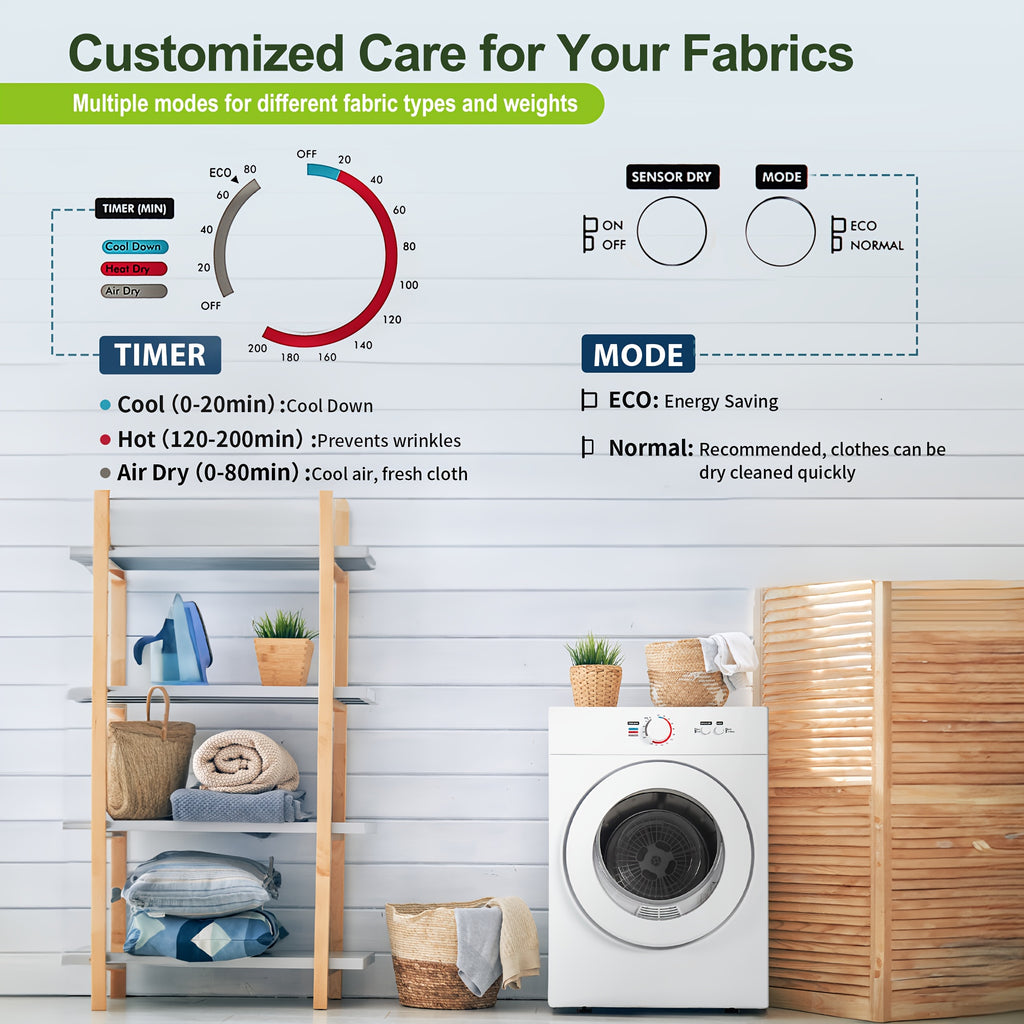 [Portable Dryer For Apartments] Compact Dryer 1.5/1.8/2.65 Cu. Ft. Portable Clothes Dryers With Exhaust Duct With Stainless Steel Liner Four Function Small Dryer Machine, Suitable For Apartments, Dorm, RVs, White