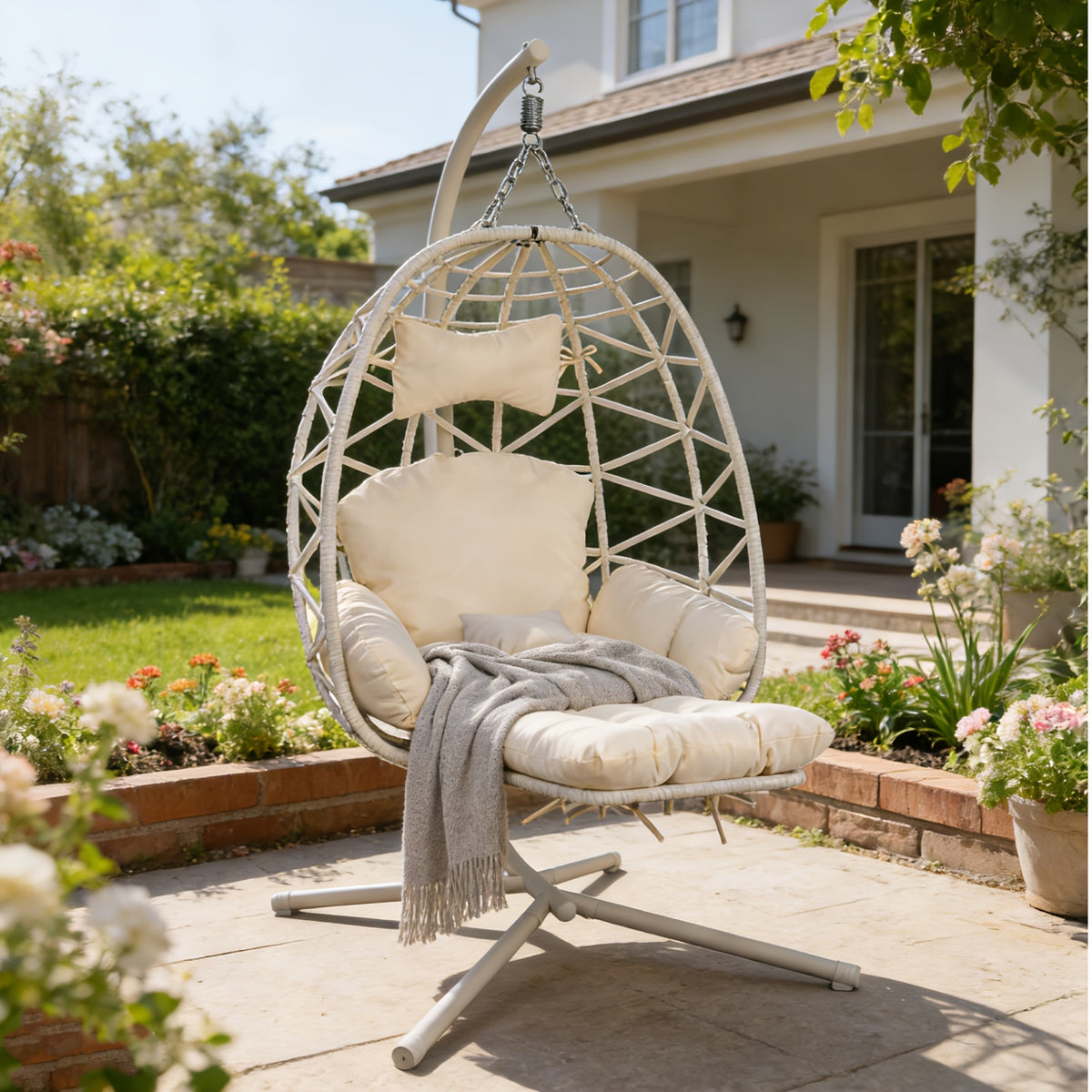 Hanging Egg Chair with Stand & Leg Rest, 350lb Rattan Wicker Swing Chair with Cushion, Patio Basket Hanging Chair Wicker Hammock Chair for Outdoor Garden Backyard Balcony, All-Weather Resilient