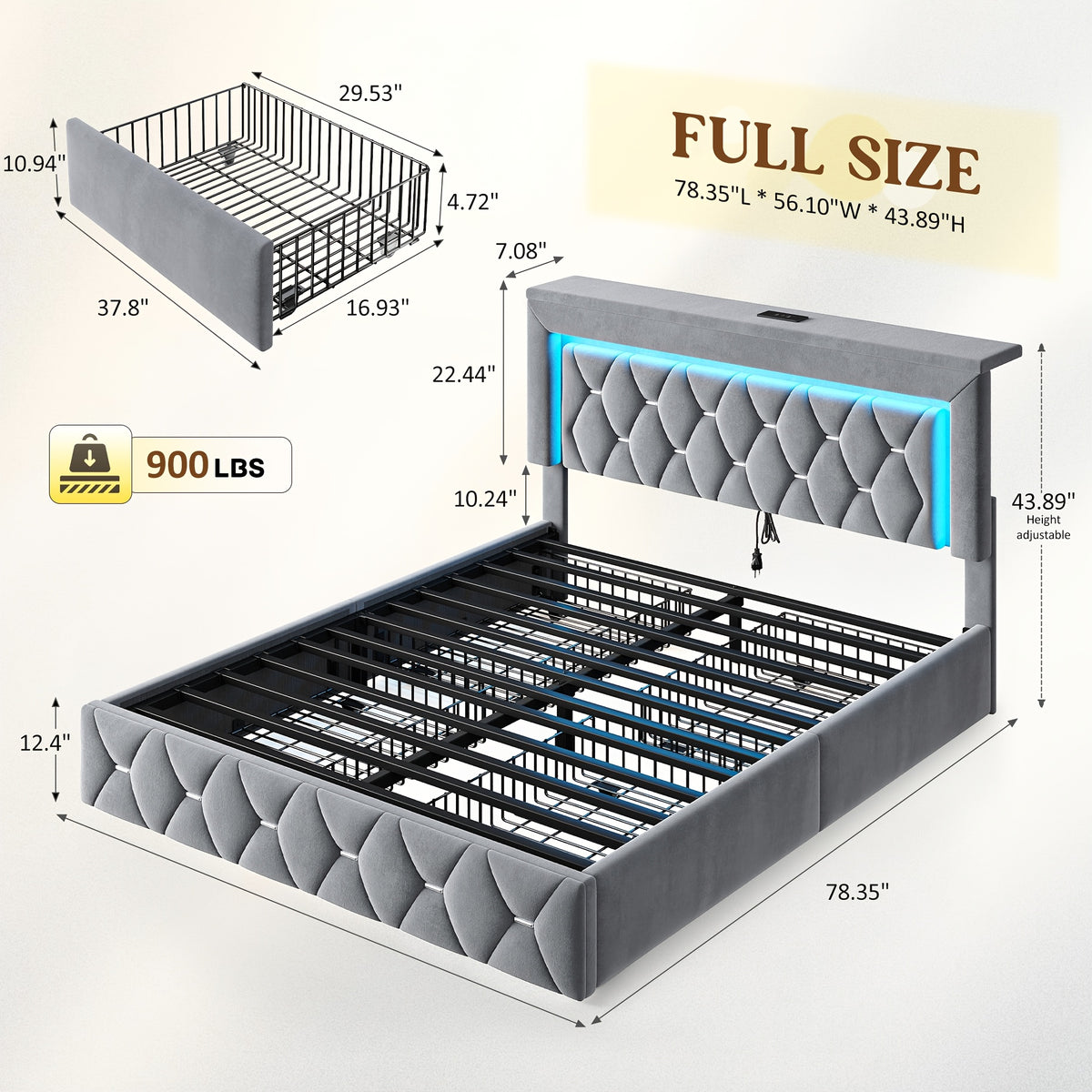 Queen/Full Size Bed Frame With 4 Storage Drawers & Headboard Adjustable, Velvet Platform Bed With LED Lights, Charging Station, Sturdy Wooden Slats Support, No Box Spring Needed, Beige, Grey