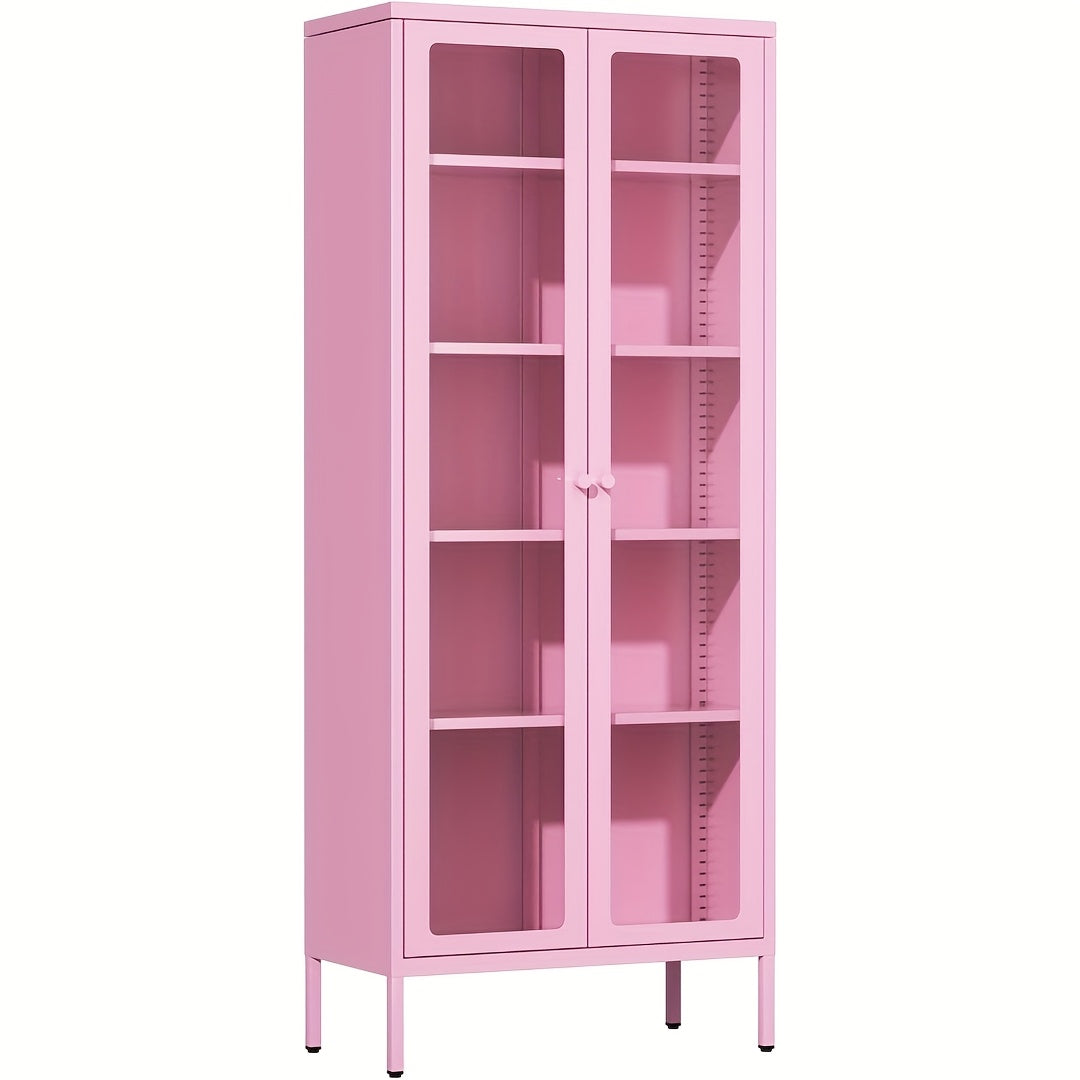 Metal Glass Display Cabinet With Five-Tier Storage Shelves Tall Glass-Door Display Cabinet Steel Storage Cabinet Display Unit Ideal For Home Offices And Living Rooms (Blue/Pink/White/Black)