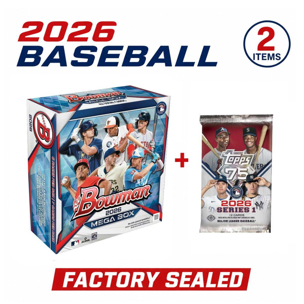 2026 Bowman Baseball Trading Card Factory Sealed Mega Box +2026 Topps Series 1 Baseball Hobby Pack Bundle Pack