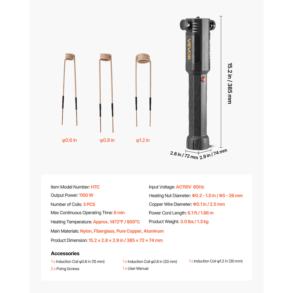 VEVOR Induction Heater Bolt Removal, 1100W 110V Magnetic Induction Heater Kit, Handheld Nut Buster Tool, Mini Heating Machine for Rusty Screw Removing, Car Garage Repairing Tools with 3 Coil
