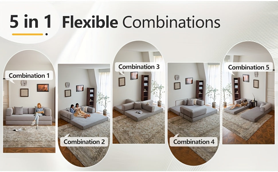 Boneless Sofa Bed, Convertible Modular Sofa With Armrest Pillow, Modular Sofa In A Box Compressed Memory Foam Sofa With Washable Sofa Cover For Living Room, Bedroom, Apartment, No Assembly