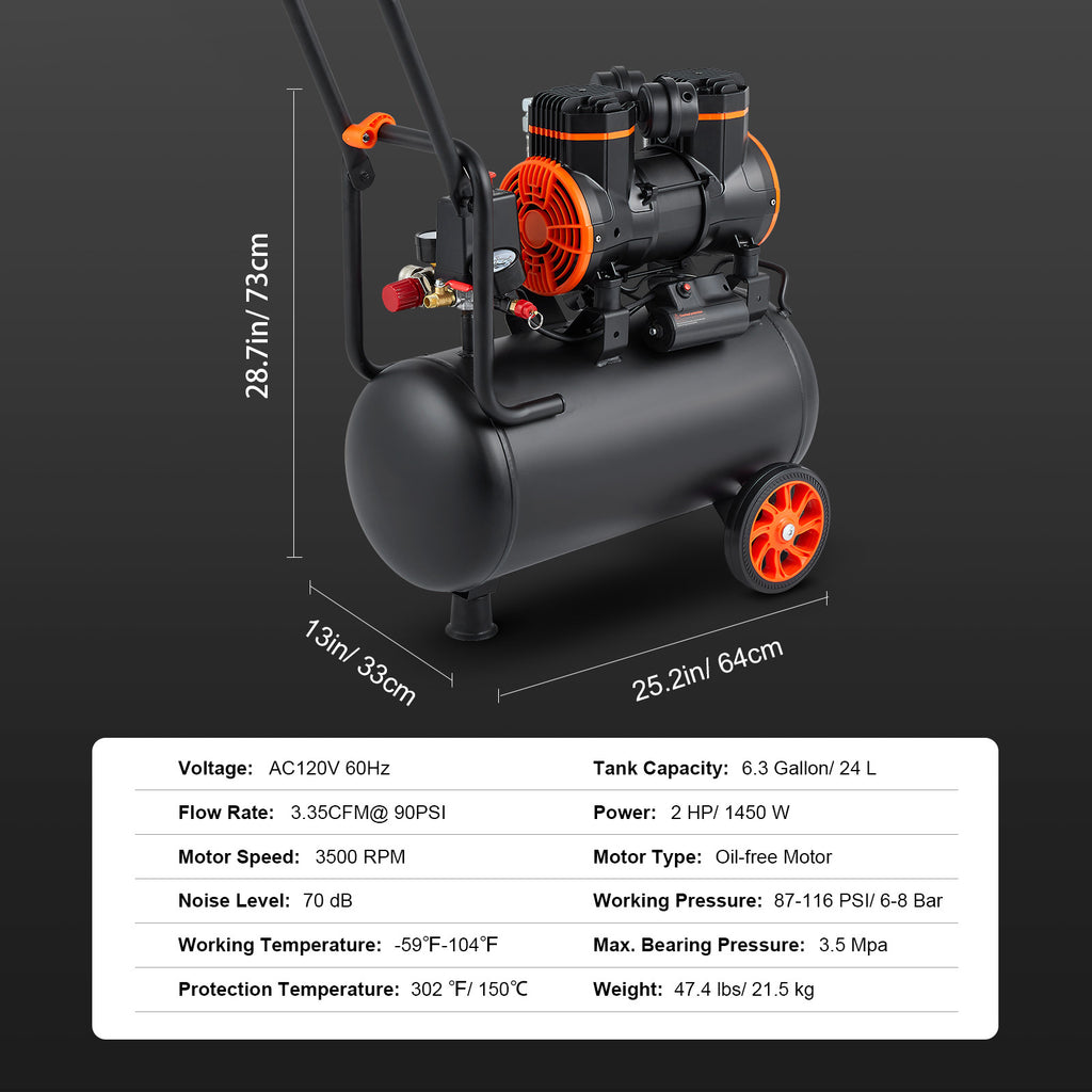 VEVOR 6.3 Gallon Air Compressor, 2 HP 3.35 CFM90PSI Oil Free Air Compressor Tank & Max. 116PSI Pressure, 70 dB Ultra Quiet Compressor for Auto Repair, Tire Inflation, Spray Painting, Woodwork Nailing