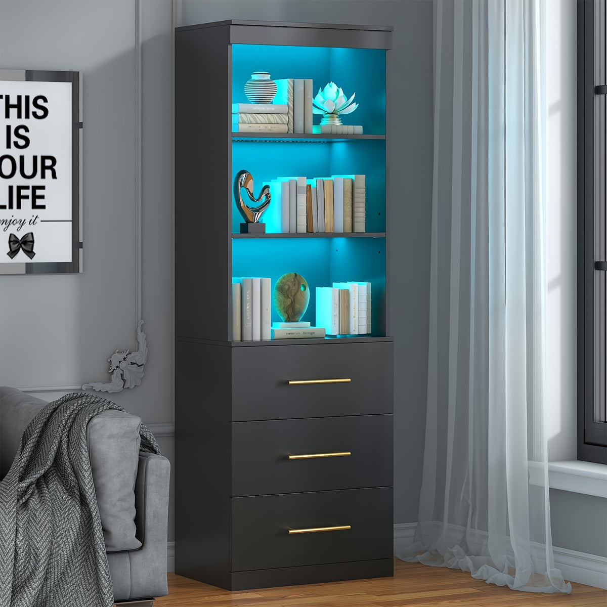 71" Black 3-Tier Bookshelf with Drawers & Open Shelves - Freestanding Tall Storage Cabinet for Home Office, Living Room, Study - Easy Assembly, No Power Needed, Bookcase Furniture, Modern Aesthetic, Sturdy Construction, Minimalist Design, Durable Material