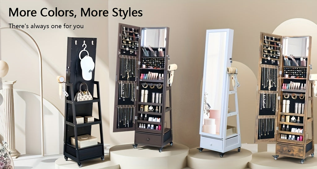 Mirror with Storage Jewelry Cabinet Standing Lockable Jewelry Organizer with Full-Length Mirror Storage Shelves Interior LED Mirror Jewelry Armoire with Wheels Hair Dryer Holder Christmas Gift, Jewelry Armoires