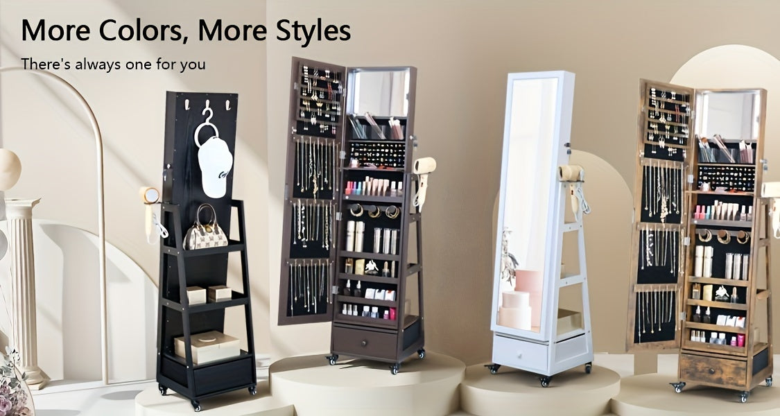 Mirror with Storage Jewelry Cabinet Standing Lockable Jewelry Organizer with Full-Length Mirror Storage Shelves Interior LED Mirror Jewelry Armoire with Wheels Hair Dryer Holder Christmas Gift, Jewelry Armoires
